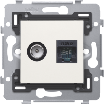 Niko 101-79238 Combinatie coax met RJ45-aansluiting UTP Cat. 6, klaar voor PoE++, vlakke uitvoering, incl. sokkel 71 x 71 mm met schroefbevestiging en afwerkingsset, white