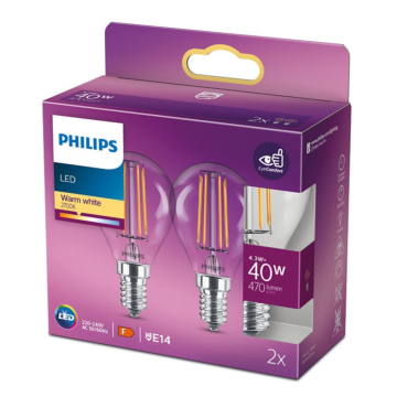 Philips 929001890467 LED Classic P45 Kogel ND 4,3-40W E14 Warm wit Multipack 2 stuks 