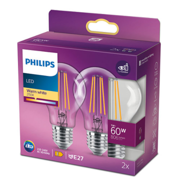 Philips 929001387368 LED Classic ND A60 7-60W E27 Warm wit Multipack 2 stuks 