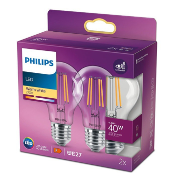 Philips 929001890067 LED Classic ND A60 4-40W E27 Warm wit Multipack 2 stuks 