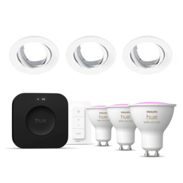 Philips Hue Starterkit: 3 GU10 lampen Color + dimmer switch + Bridge Pro + 3 Inset Trend 75 GU10 Wit