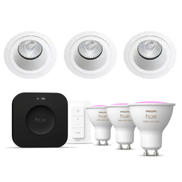 Philips Hue Starterkit: 3 GU10 lampen Color + dimmer switch + Bridge Pro + 3 SG Jupiter Soft GU10 Wit