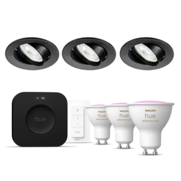 Philips Hue Starterkit: 3 GU10 lampen Color + dimmer switch + Bridge Pro + 3 Inset Trend 75 GU10 Zwart