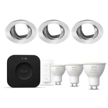 Philips Hue Starterkit: 3 GU10 lampen White Ambiance + dimmer switch + Bridge Pro + 3 Inset Trend 75 GU10 Geborsteld aluminium