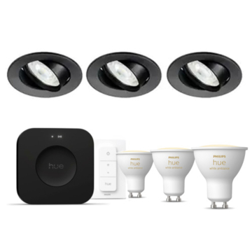 Philips Hue Starterkit: 3 GU10 lampen White Ambiance + dimmer switch + Bridge Pro + 3 Inset Trend 75 GU10 Zwart