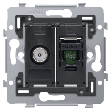 Niko 170-79238 Combinatie coax met RJ45-aansluiting UTP Cat. 6, klaar voor PoE++, vlakke uitvoering, incl. sokkel 71 x 71 mm met schroefbevestiging. Ziggo goedgekeurd