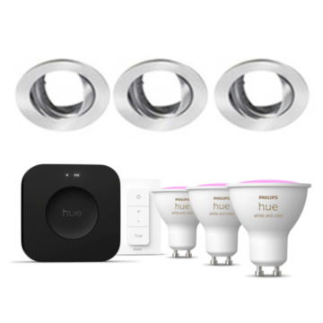 Philips Hue Starterkit: 3 GU10 lampen Color + dimmer switch + Bridge Pro + 3 Inset Trend 75 GU10 Geborsteld aluminium