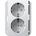 Gira 273103 Systeem 55 Tweevoudige wandcontactdoos met randaarde 16A 250V met kinderbeveiliging en symbool voor inbouwdoos enkelvoudig Zuiver wit glanzend