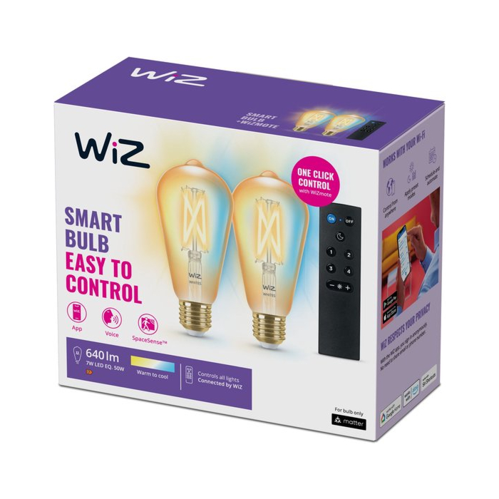 Wiz 929003057022 Filament Amber tot Koelwit ST64 E27 7W met afstandsbediening (2-pack)