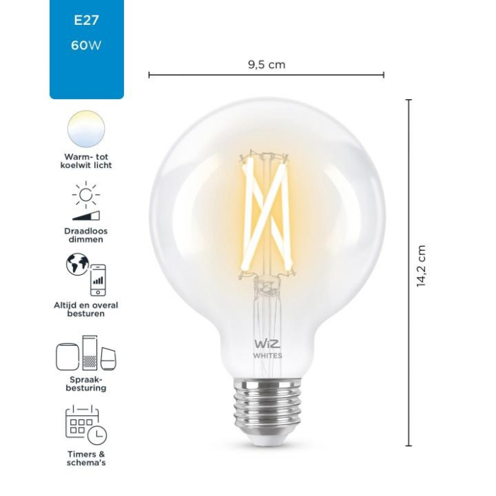 Wiz 8718699786694 Filament Tunable White Helder G95 E27 6,7W OP=OP