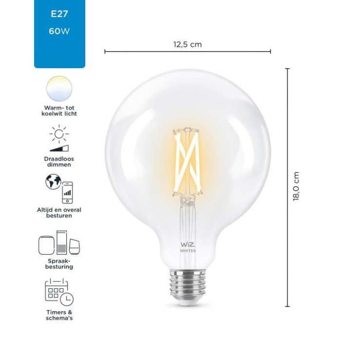 Wiz 8718699786717 Filament Tunable White Helder G125 E27 6,7W OP=OP