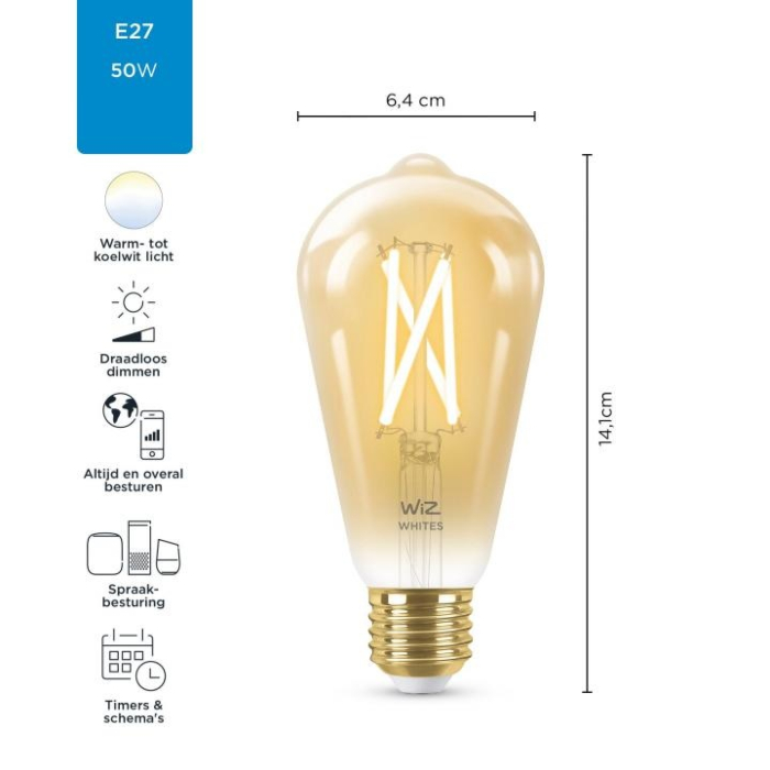Wiz 8718699787233 Filament Amber ST64 E27 6,7W OP=OP