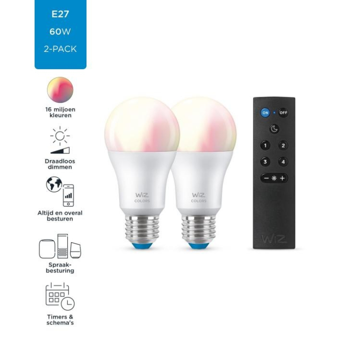 Wiz 8719514550117 Color A60 E27 8,5W Duo pack met afstandsbediening OP=OP