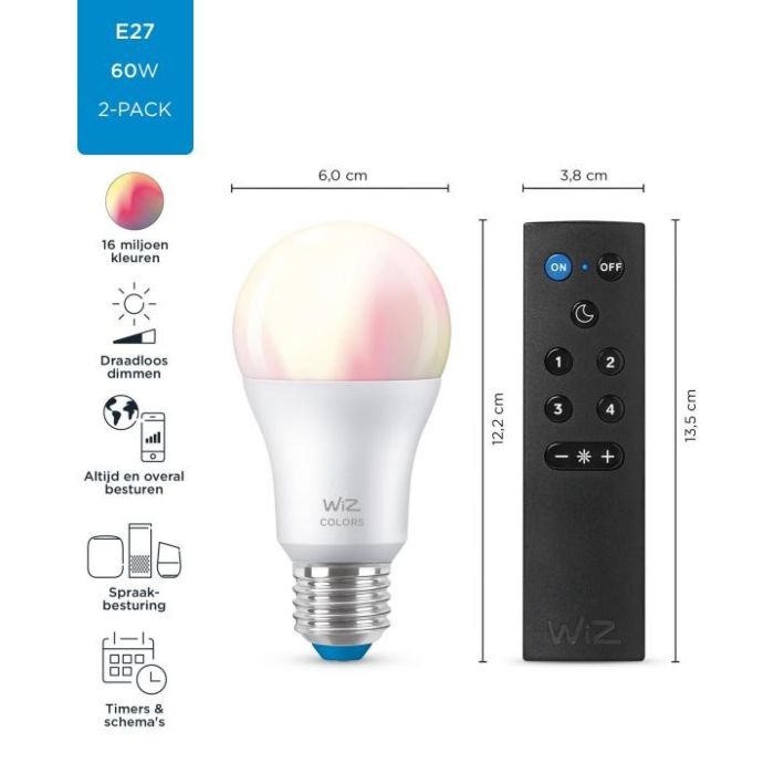 Wiz 8719514550117 Color A60 E27 8,5W Duo pack met afstandsbediening OP=OP