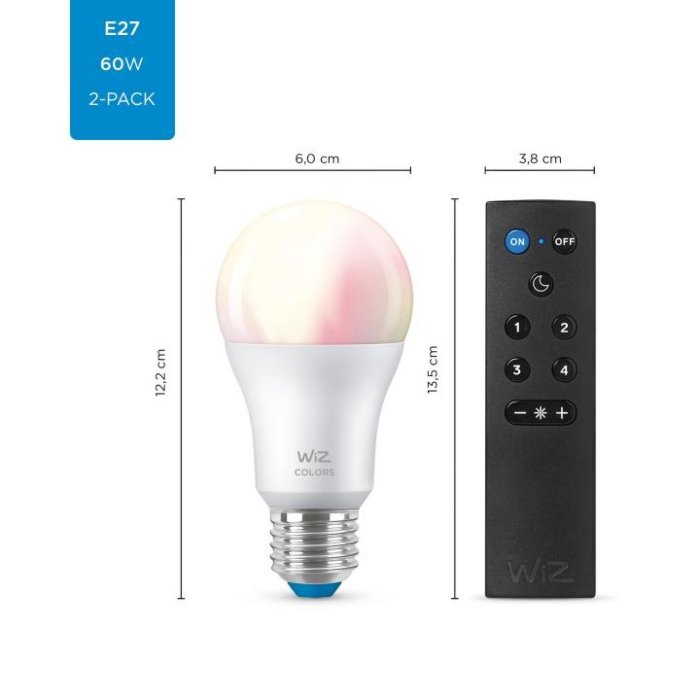Wiz 8719514550117 Color A60 E27 8,5W Duo pack met afstandsbediening OP=OP