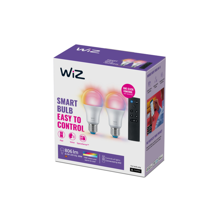Wiz 929003649601 Gekleurd en met Wit Licht A60 8,5W Duo pack met afstandsbediening