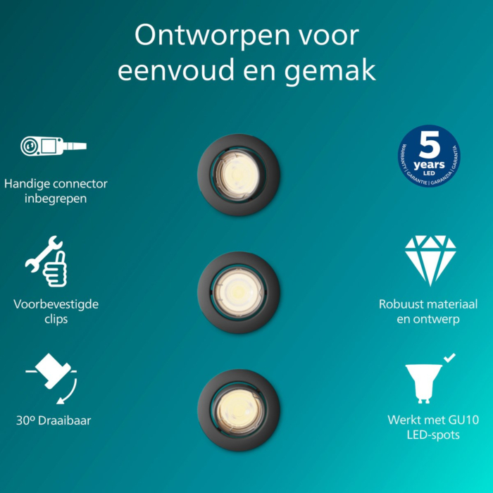 Philips Peridot Inbouwspot Richtbare spot GU10 Zwart (3-pack)