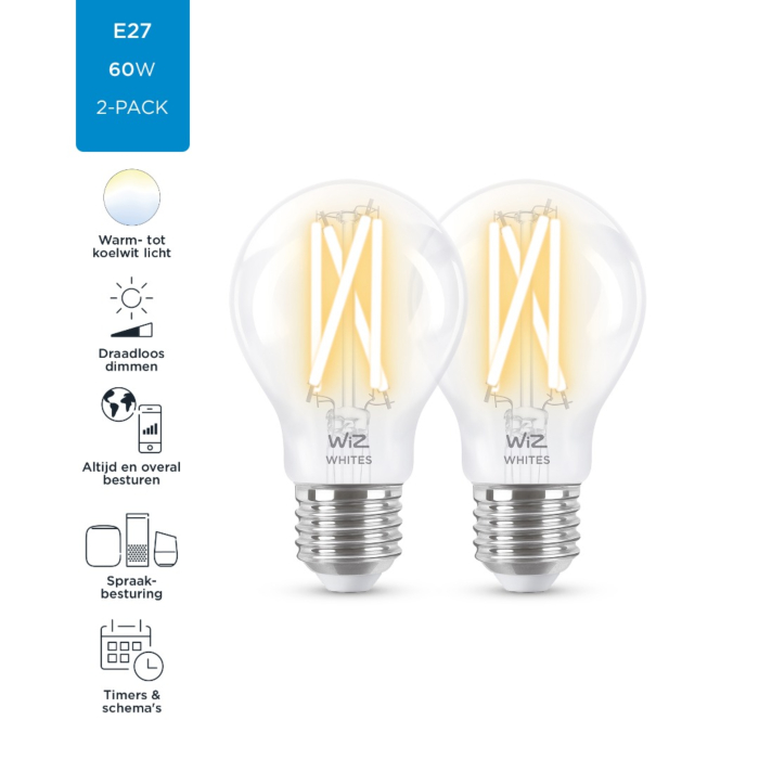 Wiz 8719514551053 Filament Tunable White Helder A60 E27 6,7W Duo pack OP=OP