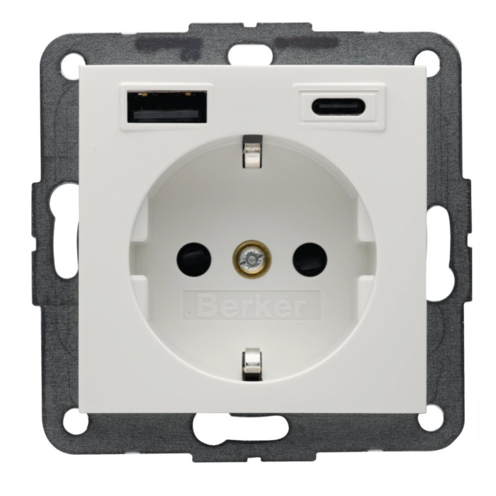 Berker 48148989 S.1/B.3/B.7 Wandcontactdoos met randaarde en steekklemen en USB A+C Polarwit glanzend