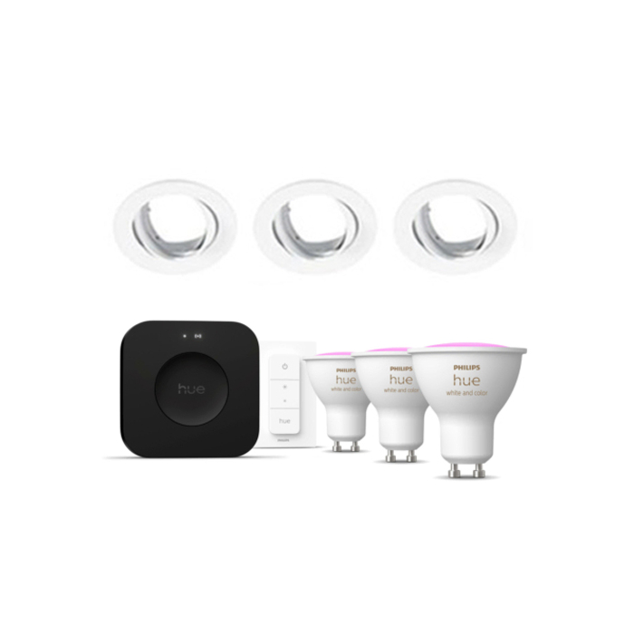 Philips Hue Starterkit: 3 GU10 lampen + dimmer switch + Bridge Pro + 3 Inset Trend 75 GU10 Wit