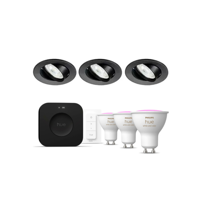 Philips Hue Starterkit: 3 GU10 lampen + dimmer switch + Bridge Pro + 3 Inset Trend 75 GU10 Zwart