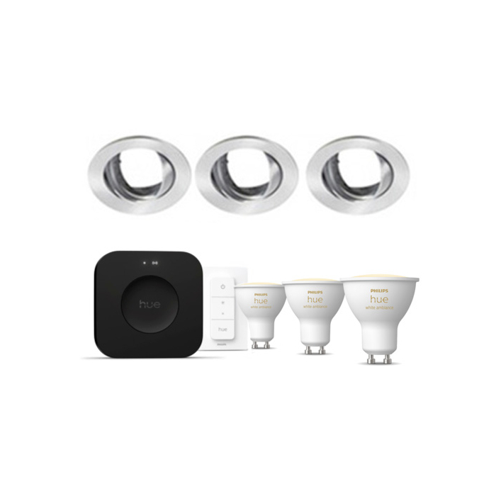 Philips Hue Starterkit: 3 GU10 lampen White Ambiance + dimmer switch + Bridge Pro + 3 Inset Trend 75 GU10 Geborsteld aluminium