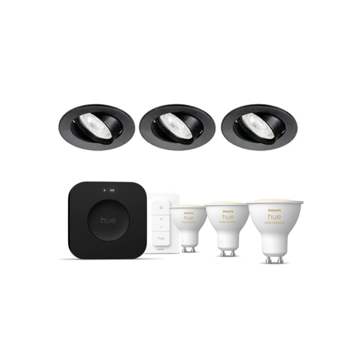 Philips Hue Starterkit: 3 GU10 lampen White Ambiance + dimmer switch + Bridge Pro + 3 Inset Trend 75 GU10 Zwart