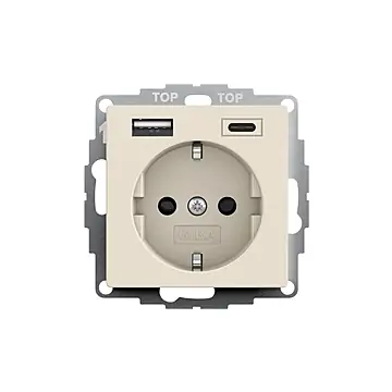 Gira 245901 Systeem 55 Wandcontactdoos met randaarde 16A 250V met geïntegreerde verhoogde aanraakbeveiliging en USB-voeding Crème wit glanzend