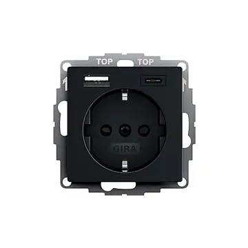 Gira 2459005 Systeem 55 Wandcontactdoos met randaarde 16A 250V met geïntegreerde verhoogde aanraakbeveiliging en USB-voeding Zwart mat