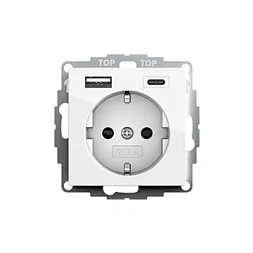 Gira 245903 Systeem 55 Wandcontactdoos met randaarde 16A 250V met geïntegreerde verhoogde aanraakbeveiliging en USB-voeding Zuiver Wit Glanzend