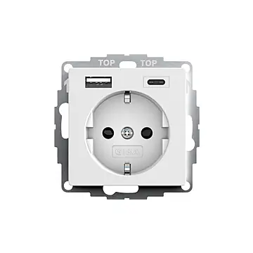 Gira 245927 Systeem 55 Wandcontactdoos met randaarde 16A 250V met geïntegreerde verhoogde aanraakbeveiliging en USB-voeding Zuiver Wit Mat