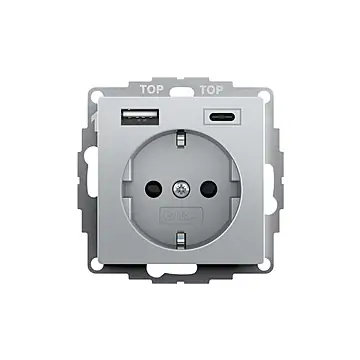 Gira 245926 Systeem 55 Wandcontactdoos met randaarde 16A 250V met geïntegreerde verhoogde aanraakbeveiliging en USB-voeding Kleur Aluminium