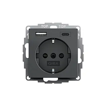 Gira 245928 Systeem 55 Wandcontactdoos met randaarde 16A 250V met geïntegreerde verhoogde aanraakbeveiliging en USB-voeding Antraciet