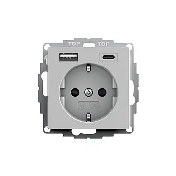 Gira 2459015 Systeem 55 Wandcontactdoos met randaarde 16A 250V met geïntegreerde verhoogde aanraakbeveiliging en USB-voeding Grijs mat