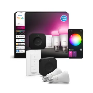 Philips Hue Starterkit: 2 E27 slimme lampen + dimmer switch + Bridge Pro
