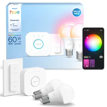 Philips Hue Essential Starterkit: 2 E27 lampen (806 lm) + dimmer switch + Bridge