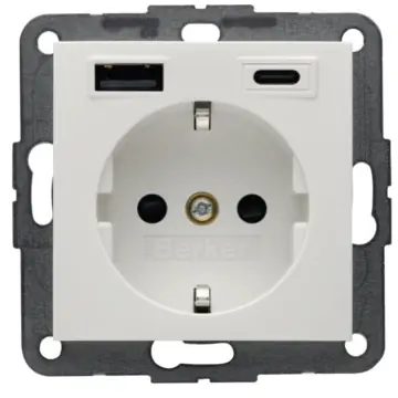 Berker 48148989 S.1/B.3/B.7 Wandcontactdoos met randaarde en steekklemen en USB A+C Polarwit glanzend