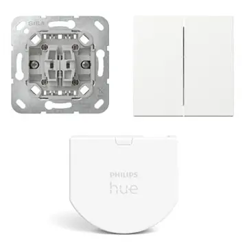Gira Wipdrukcontact 2-voudig met Hue wandschakelaar module en Serie wippen Zuiver wit glanzend