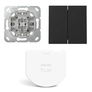 Gira Wipdrukcontact 2-voudig met Hue wandschakelaar module en Rechtstaande serie wippen Zwart mat