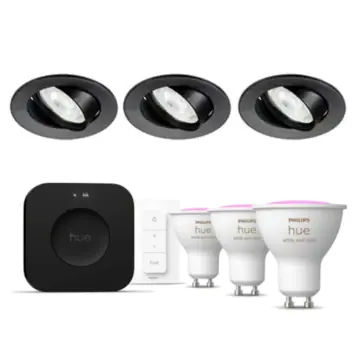 Philips Hue Starterkit: 3 GU10 lampen Color + dimmer switch + Bridge Pro + 3 Inset Trend 75 GU10 Zwart