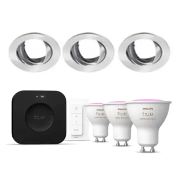 Philips Hue Starterkit: 3 GU10 lampen Color + dimmer switch + Bridge Pro + 3 Inset Trend 75 GU10 Geborsteld aluminium