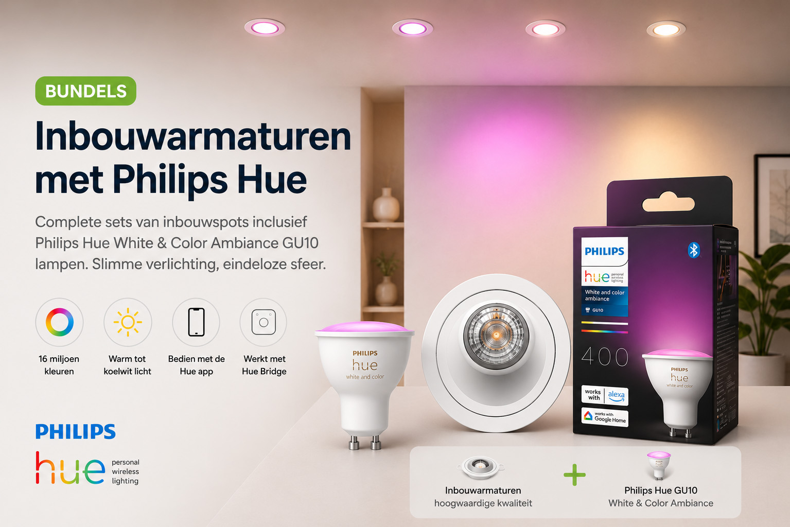Inbouwspots met Philips Hue lichtbronnen in een strak afgewerkt plafond